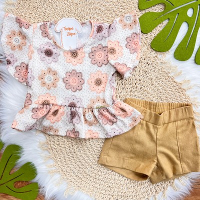 Conj. Blusa Favinho Floral e Short em Linho - Areia